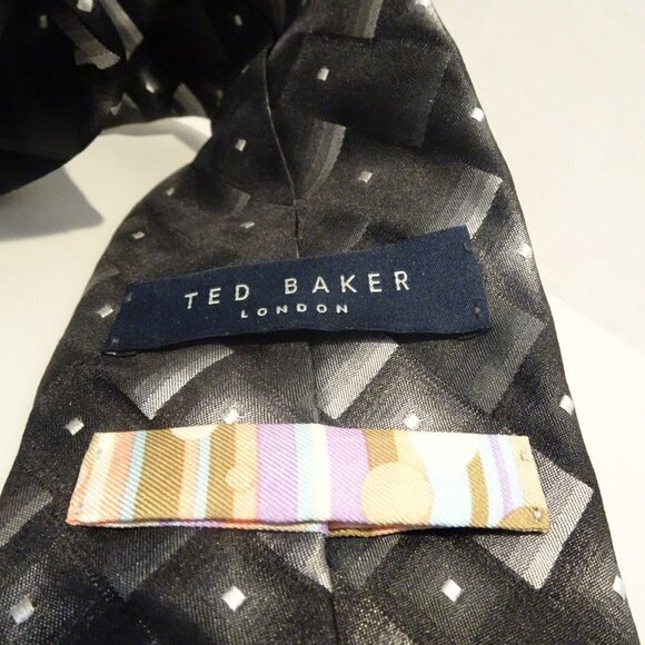 Ted Baker London 100% Silk Tie Necktie Black Silver Geometric Pattern Squares - Picture 3 of 5